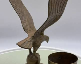Vintage Solid Brass Eagle Figurine Etched Cup  MidCentury Decor