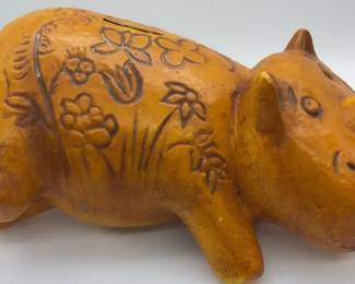 Rare California Pottery Piggy Bank Vintage glazed ceramic hippopotamus incised floral designs. 