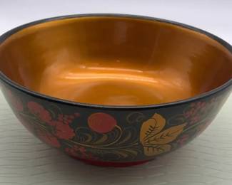 Vintage USSR KhokhlomaStyle Lacquered Wooden Bowl  Floral Decor