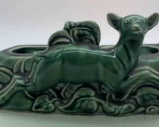 Vintage Green, Ceramic Deer Tv Lamp Planter With Foliage Motif