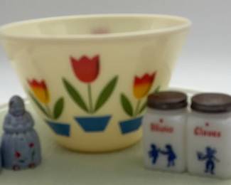 05 1940s Vintage Fire King Tulip Mixing Bowl with salt and pepper, shakers, and spice jars