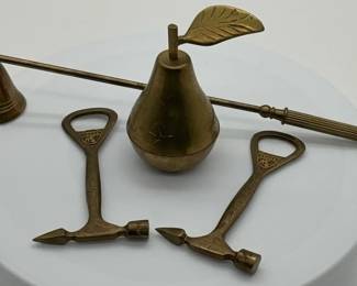 Vintage brass candle snuffer, Pear Shaped Trinket Box, And 2 Bottle Opener ice Pick.