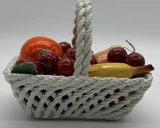 A vintage Lanzarin handmade ceramic fruit basket with assorted fruits. Hand made in Italy.