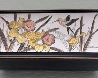 Vintage Musical Jewelry Box Black Lacquer Floral Inlay Wooden With Floral And Bird Motif Japan