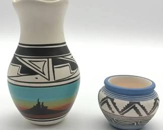 Navaho Native American ceramic vases painted designs. Signed 