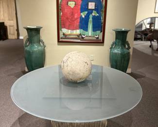 Great faux stone base with frosted glass top  -48” round 