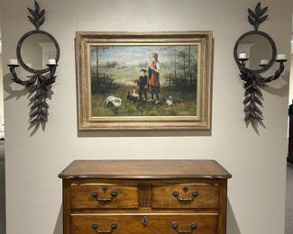 Vintage Hekman walnut commode , pair mirrored metal sconces