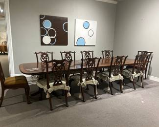 Banded walnut double pedestal dining table - 3 leaves
76” L x 46”w ( without leaves), set of 8 Chippendale dining chairs with silk slipcovers , contemporary artwork in oil signed Max