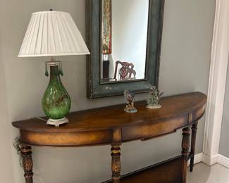Nice console, great green Murano style glass lamp, painted French style mirror