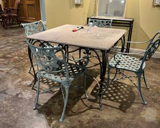 Iron base table, iron mirror, pair of tile artwork pieces 