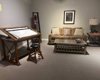 Tiered etergere, another nice sofa, drafting table, farmhouse coffee table 