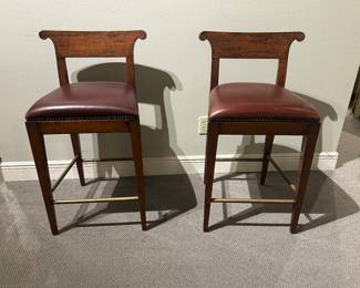 Attractive walnut bar stools, leather seats  with brass foot rest  - high end Hendredon