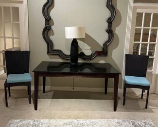 Rococo large frame, interesting white cement vase, black granite table, pair outdoor chairs 