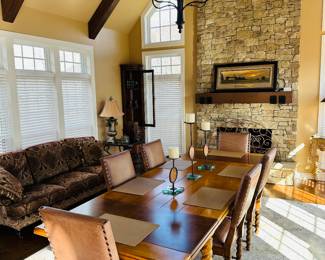 This pic shows this amazing table with two leaves added- one at each end. The table is about 10’ long with the leaves. Each one is 20” wide, so the table size can be reduced by over 3’ when desired, BUT those contrasting wood colors really are magnificent! 