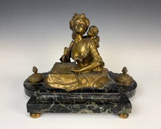 Gilt bronze woman with cherub inkwell  signed Flammand
