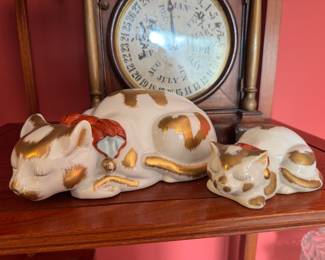 Vintage LJ Japanese Sleeping Porcelain Cat Figurines (Duo)
