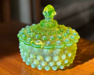 Fenton Topaz Vaseline Opalescent Hobnail Covered Candy Dish