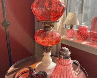 Fenton Cranberry Glass Coin Dot Thumbprint Electric Table Lamp & Accessories