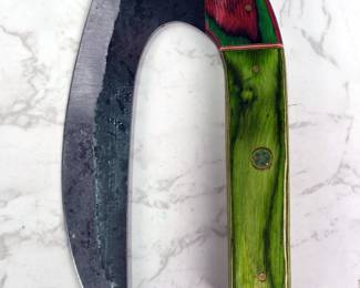 U-Shaped Fixed Blade Knife, 7" Blade, In Tooled Leather Sheath 
