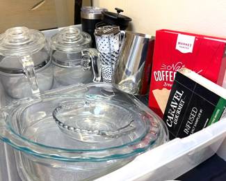 Vintage Pyrex glass teapots, glass bakeware