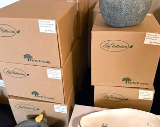 New in box figures (multiples of most) from Top Collection + Studio Collection: Alphonse Mucha “Awakening” fairy/goddess, Green Man pencil holders, Green Woman small box, duck/frog/turtles on stoneware bowls