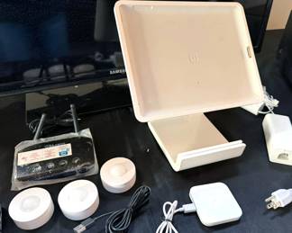 Samsung 30" TV, Square payment device + tablet stand