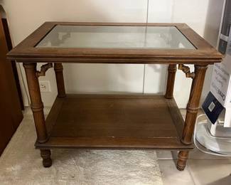PPM024 Asian Inspired Glass Top Wooden End Table