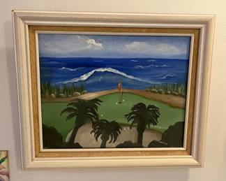 PPM022 Framed Original Painting Of A Golf Course By The Sea
