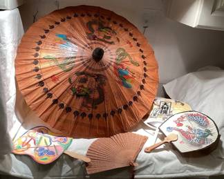 PPM132 Asian Umbrella, Fans & Wooden Scroll Box