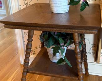 Antique (Tiered Shelf) Parlor / Parlour Square Side Table Turned Spool / Bobbin Legs