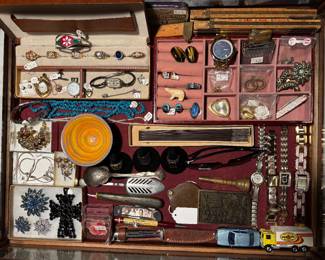 Vintage Jewelry, Sterling Silver, Watches, Hunting Knife, Pocket Knife, Matchbox Hot Wheels Cars, Rings, Necklaces, Brooches, Kansas Brass Belt Buckle, Art Deco Watch