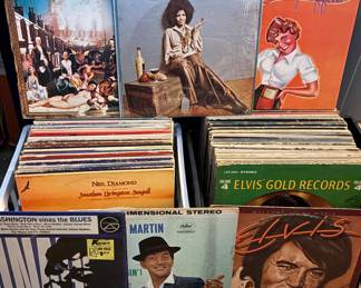 Two Full Crates of Vintage Vinyl Records LP’s 12” (33&1/3’s) Elvis Presley, Dean Martin, ELO, Classic Rock, Pop, Oldies, Blues, Soundtracks 