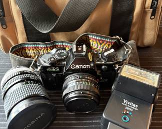 Canon AE-1 Vintage Camera w/ Lens, Vivitar 2800 Flash, Case, Extras 