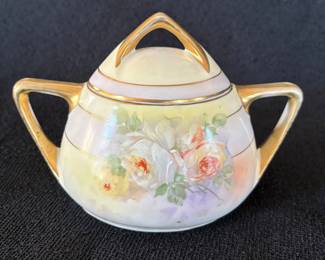 ROYAL RUDOLSTADT PRUSSIA (late 1800’s / early 1900’s) HANDLED COVERED Sugar Jar {Rose Pattern}