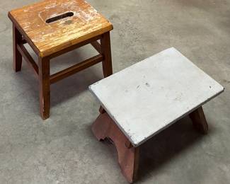 Vintage Milking Stool & Mid Century Gray Footstool 