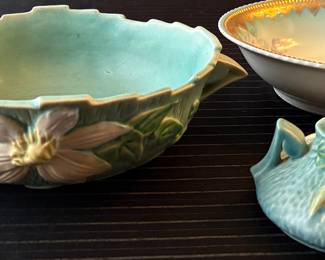 Vintage 1940s Roseville USA Pottery Clematis Console Bowl 457-8 MCM & Candleholder 1158-2 ; Ornate Silesia Serving Bowl 
