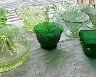 Green Depression Glass 1930’s Juicer, Sugar Bowl, Candlestick, Cream & Sugar