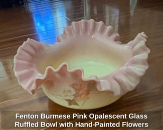 Fenton Burmese Pink Opalescent Glass Ruffled Bowl with HandPainted Flowers