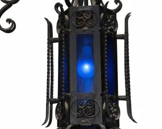 Antique Wrought Iron Lantern with Blue Glass