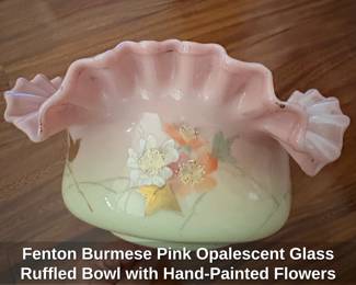 Fenton Burmese Pink Opalescent Glass Ruffled Bowl with HandPainted Flowers third image