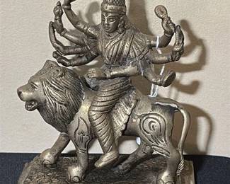 Brass Durga Mahishasuramardini Riding a Lion Statue