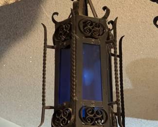 Antique Wrought Iron Lantern with Blue Glass third image