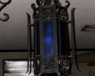 Antique Wrought Iron Lantern with Blue Glass second image