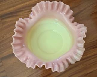 Fenton Burmese Pink Opalescent Glass Ruffled Bowl with HandPainted Flowers second image