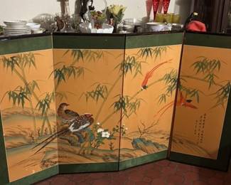 FourPanel Folding Screen with Birds and Bamboo