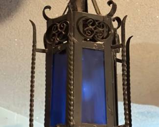 Antique Wrought Iron Lantern with Blue Glass fourth image