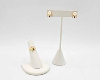 711 14k Gold, Pearl Sapphire Earrings Ring, 8.9g