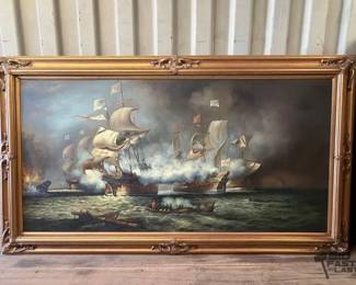 7012 Framed Ship Battle Canvas Painting