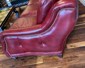Vintage, Hancock & Moore, Red Leather Sofa with brass Nail Head Trim. Has Tufted Sides & Back. 