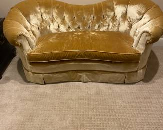 Baker Hollywood regency 88” Sofa, upholstered in lustrous gold velvet fabric.